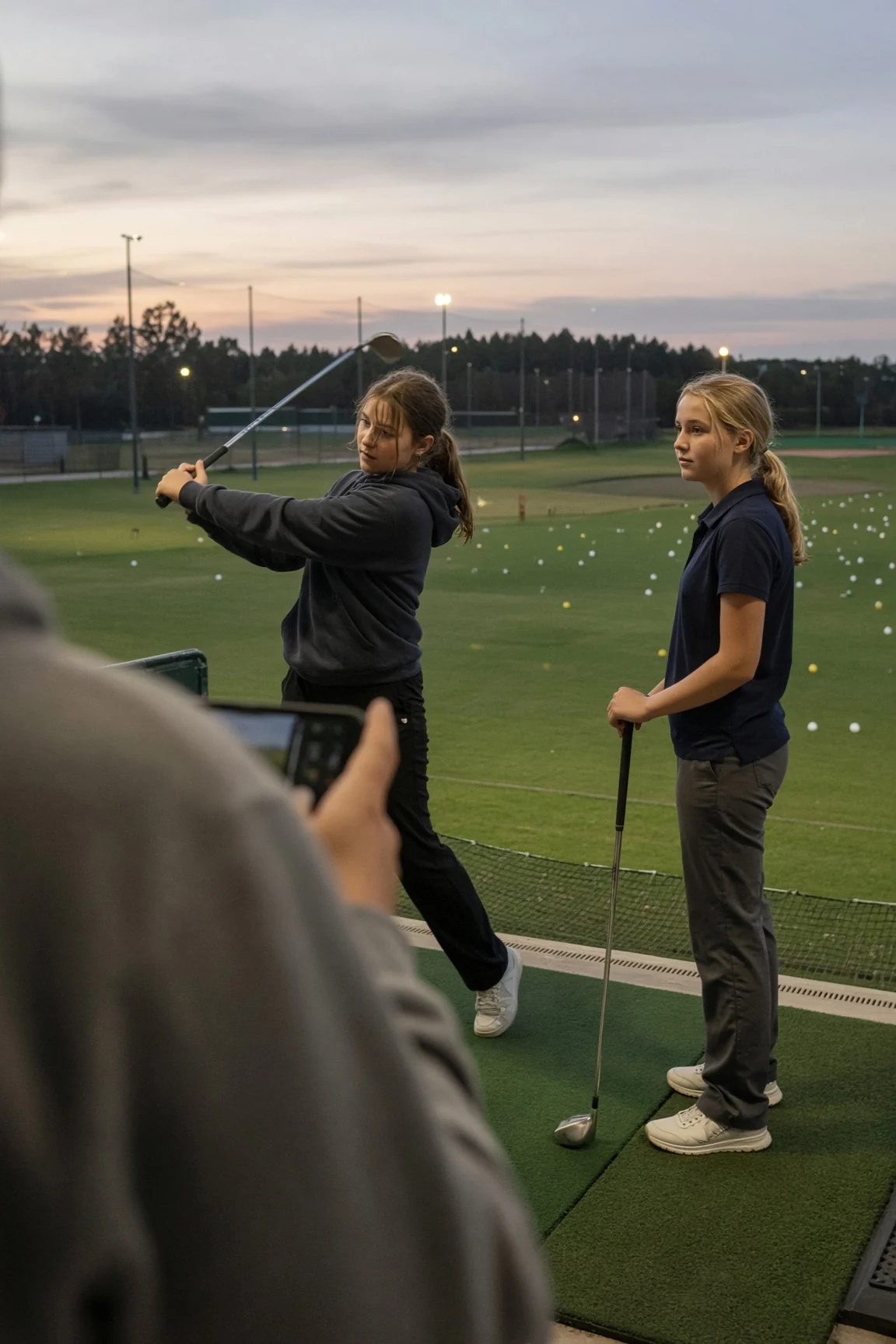 Over a parent's shoulder, phone in hand, two girls take turns hitting at a range bay at dusk
